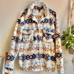NWOT Fleece Teddy Jacket in Blue Brown and Ivory